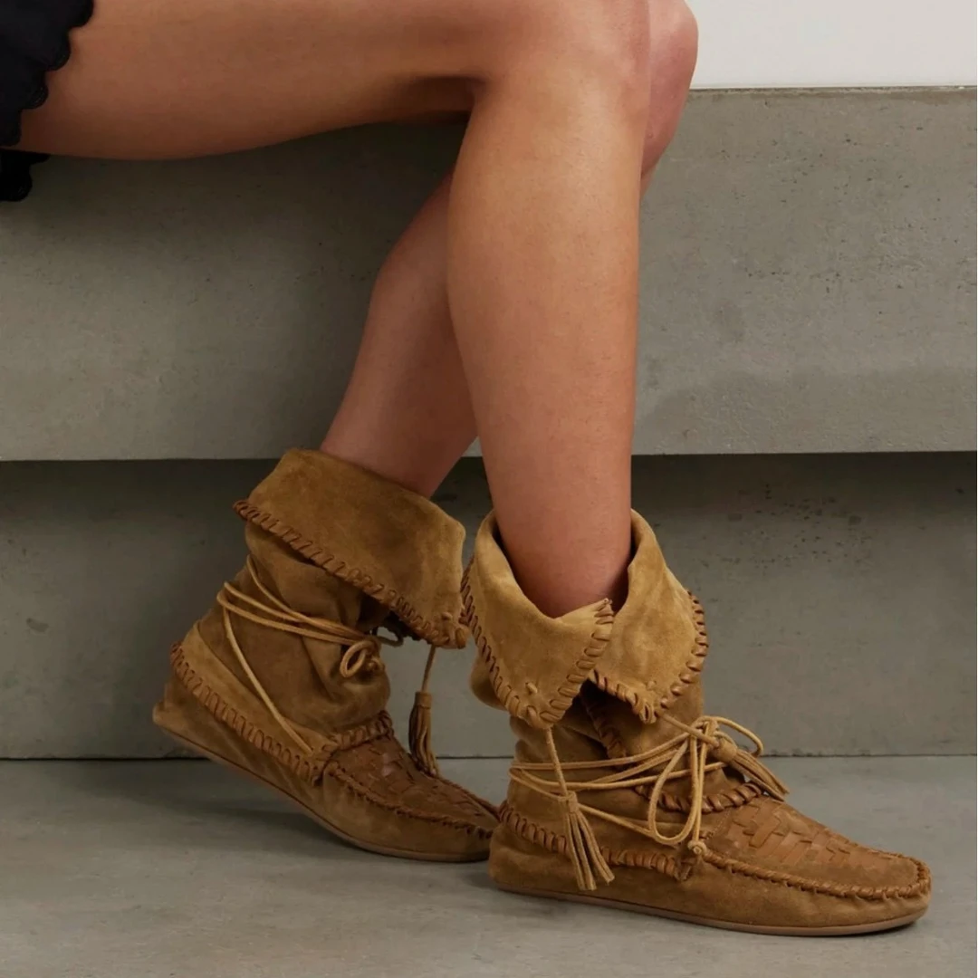 复古流苏绑带西部靴2025夏季新款真皮显瘦靴筒可翻折堆堆靴高筒靴