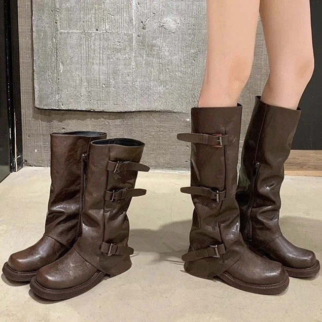 2025秋冬新款增高5cm皮带扣方圆头琥珀流光风靴西部堆堆裤管长靴