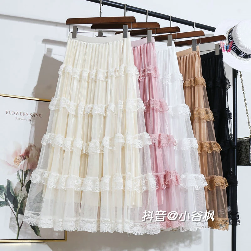 法式超仙蕾丝边拼接镂空网纱半身裙女春秋2025高腰褶皱层层蛋糕裙