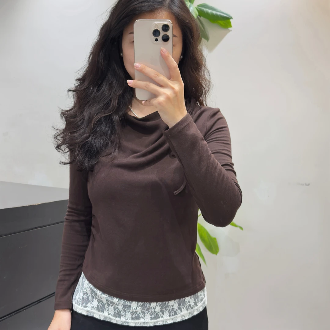 假两件拼接蕾丝长袖上衣