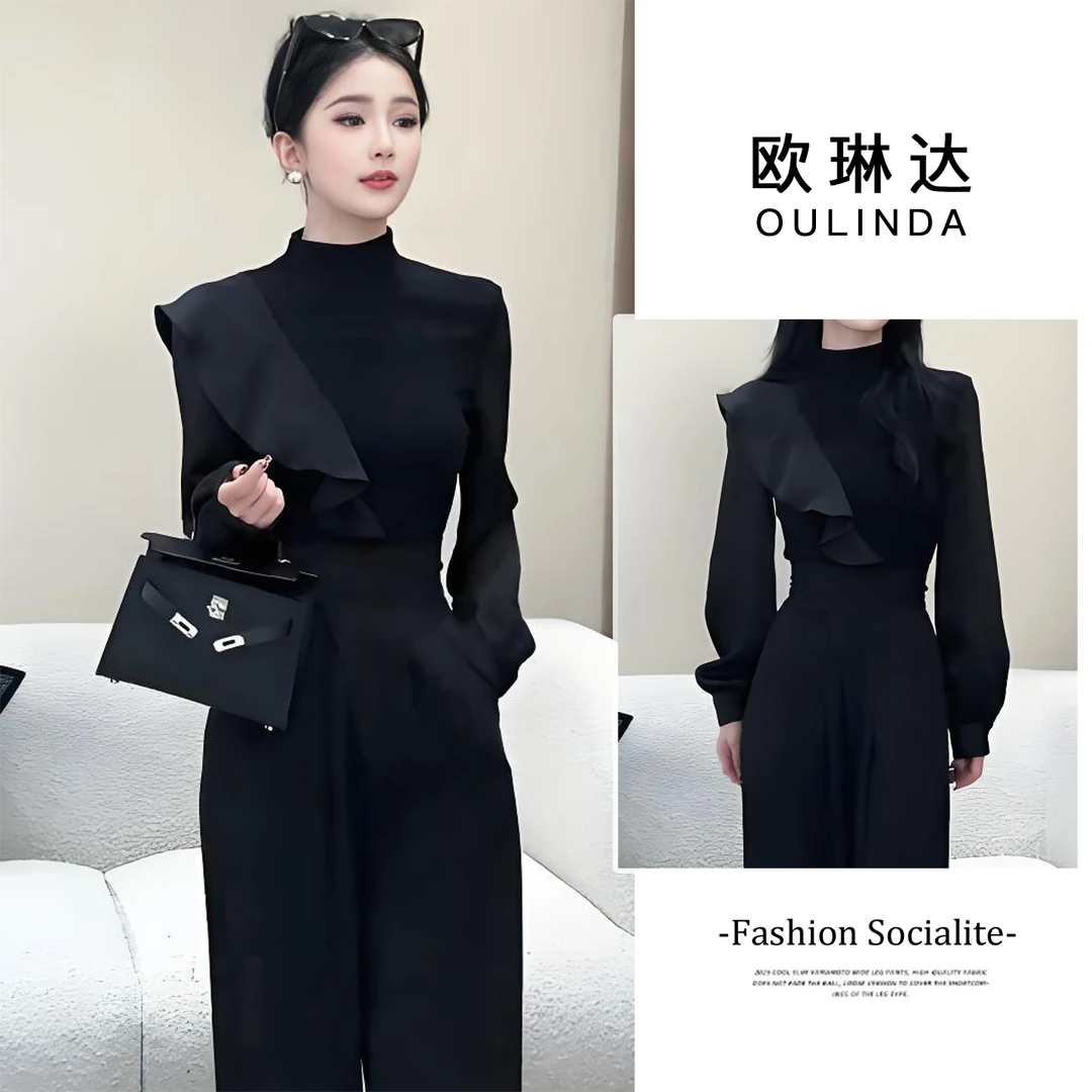 时尚气质长袖T恤女秋季新款洋气荷叶边拼接上衣百搭半高领打底衫