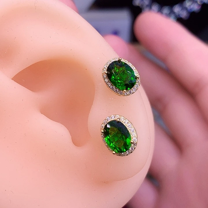 透辉石耳钉银S925镶嵌