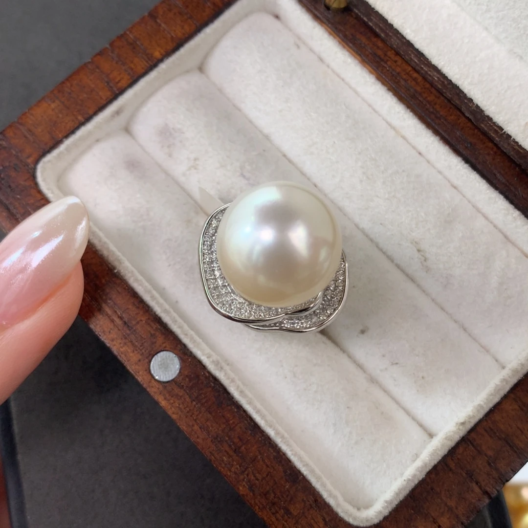 定制海水珍珠戒指/指环银S925镶嵌澳白14-15mm