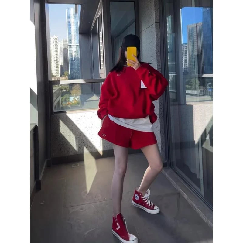 秋季新款新色红色卫衣高级色系列三件套显白减龄休闲运动套装