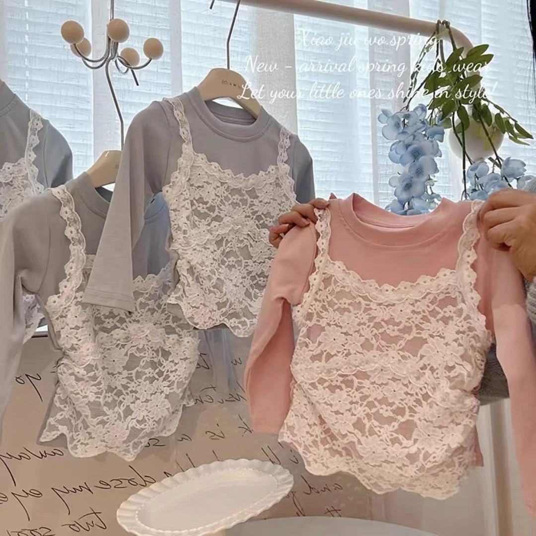 韩国童装女童T恤2025春秋新款洋气假两件上衣蕾丝吊带女童打底衫t