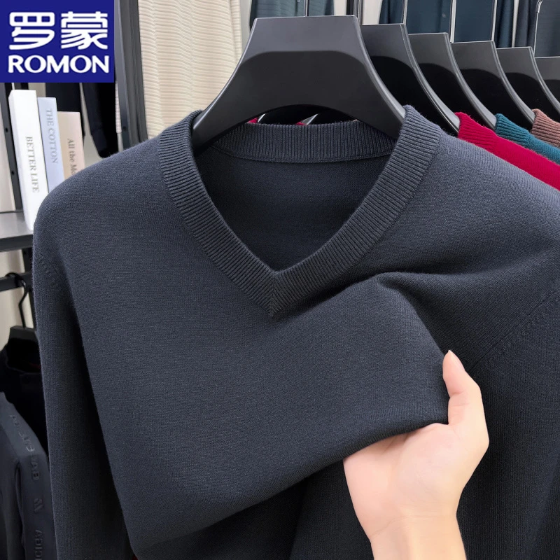 罗蒙纯色简约百搭鸡心领套头针织衫秋冬季男士休闲V领打底衫毛衣