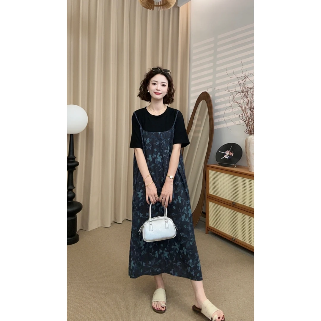 【张小九】夏季薄款碎花拼接假两件短袖连衣裙Z1966