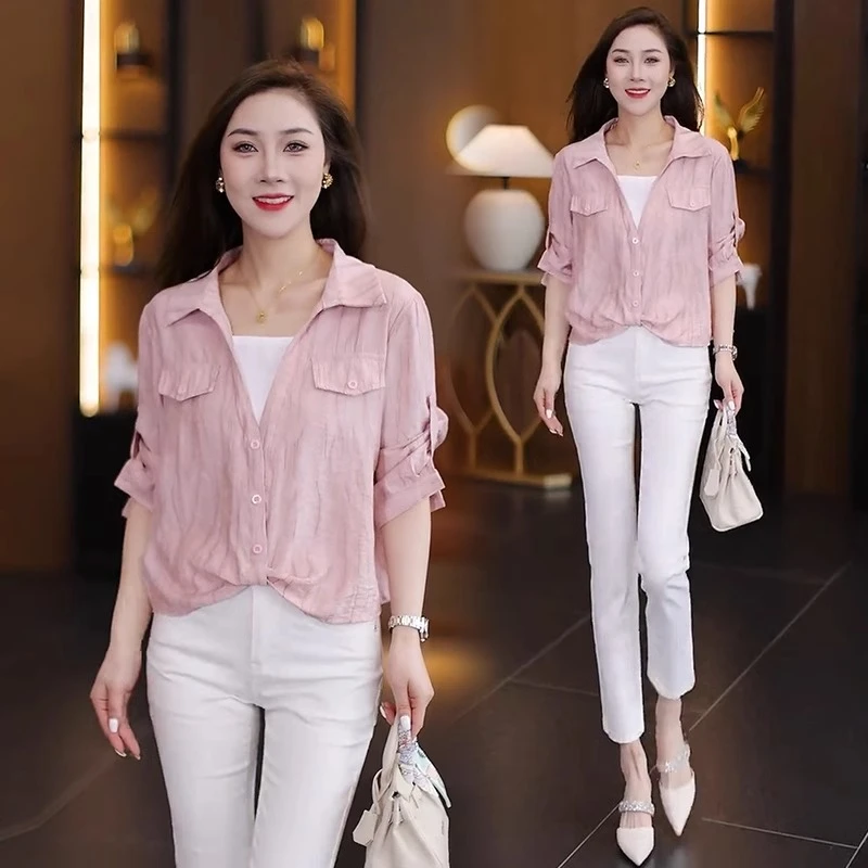 时尚休闲衬衫女2025春季新款洋气百搭宽松显瘦条纹七分袖翻领小衫