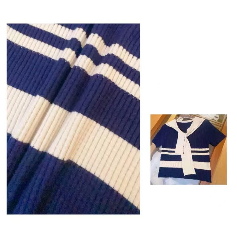 夏季法式复古海军领系带撞色短袖袖针织衫短袖上衣女