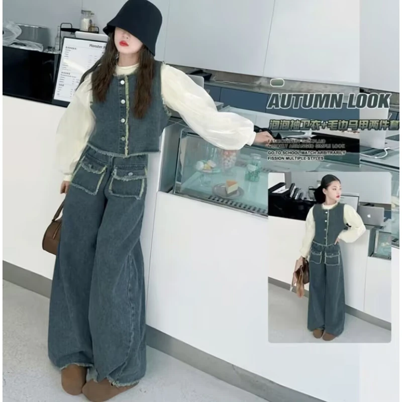 （现货）2025春秋新款女大童泡泡纱袖卫衣牛仔三件套女童中大童套