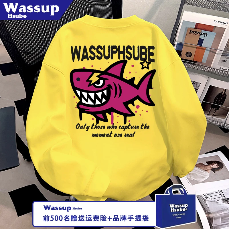 WASSUP HSUBE美式鲨鱼印花T恤ins100%纯棉男女长袖秋冬季黄色上衣