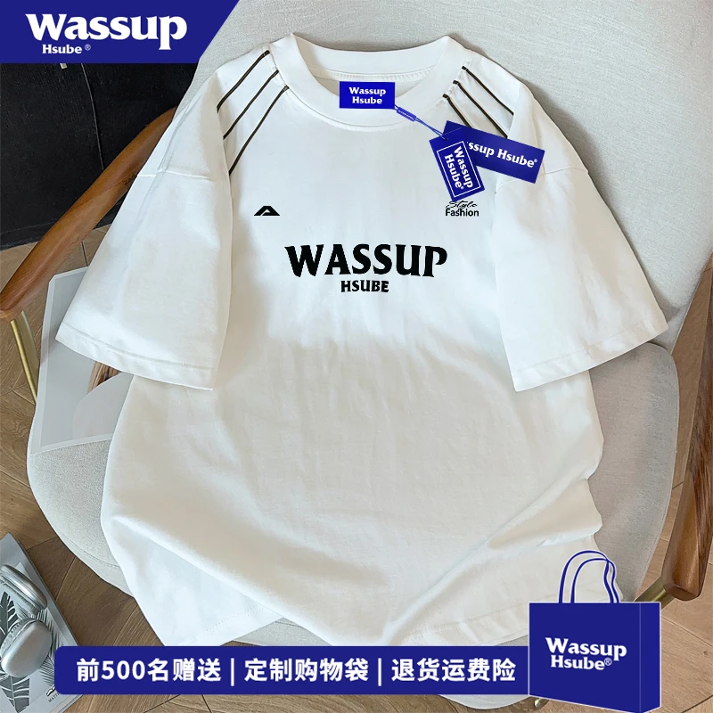 WASSUP HSUBE美式高街纯棉上衣夏季ins潮牌字母印花拼接短袖t恤男