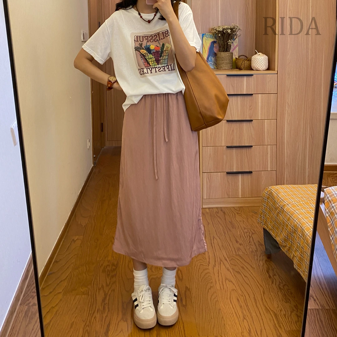 日褡抽绳全松紧半裙E21休闲小众宽松纯色设计感66038清