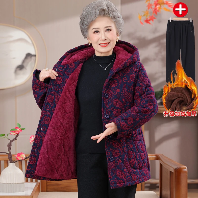 中老年女装冬季棉衣老人奶奶加绒加厚棉袄连帽妈妈装棉服洋气保暖