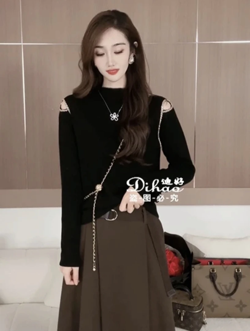 欧货半高领钉珠针织衫女毛衣打底衫显瘦洋气修身百搭套头春秋长袖