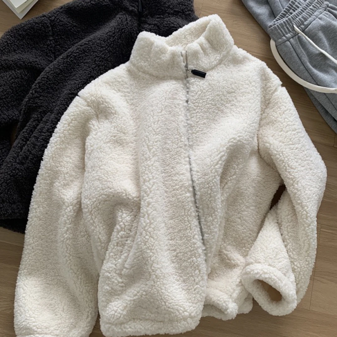 仿羊羔毛立领拉链毛茸茸外套女新款加绒保暖毛毛外套冬季温柔上衣