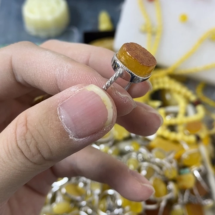 蜜蜡裸石银S925镶嵌戒指