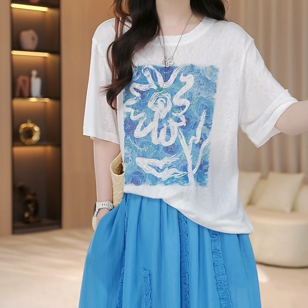 时尚百搭短袖韩版圆领T恤女2025新款圆领简约气质显瘦通勤上衣