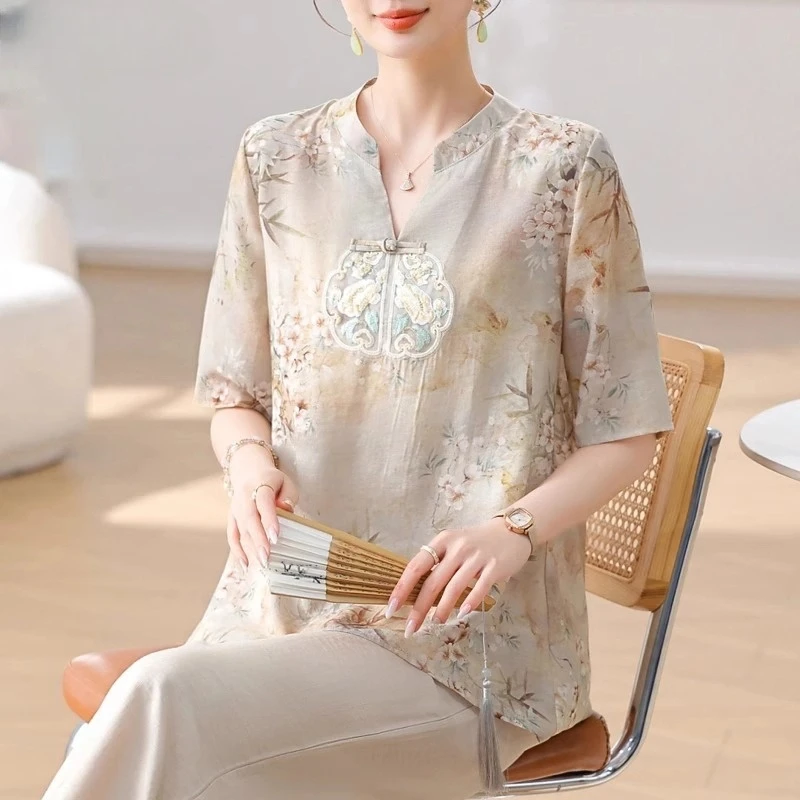 罗蒙新中式妈妈夏装减龄衬衫新款中老年人女夏季大码短袖t恤套装