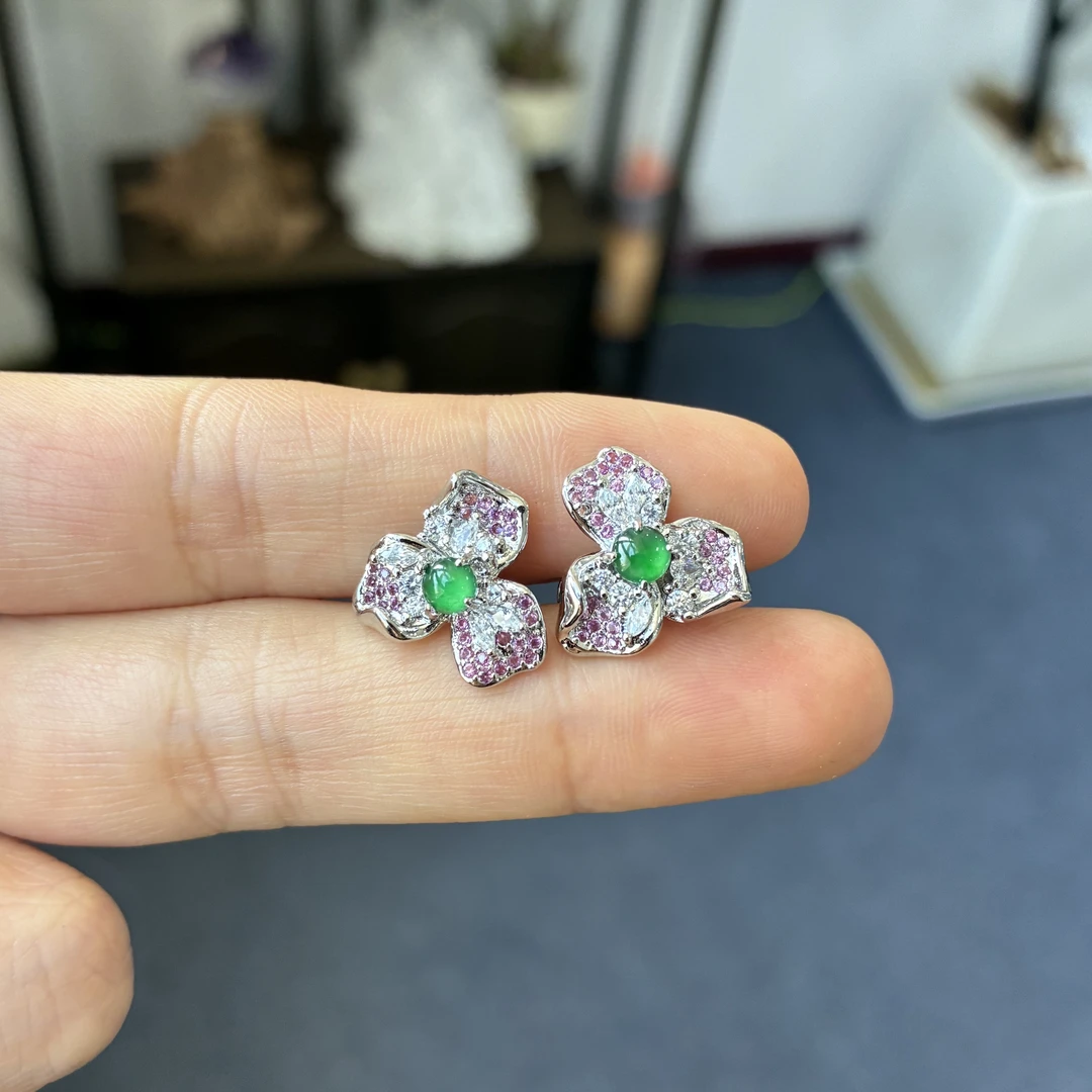 黎初s925银天然翡翠花耳钉