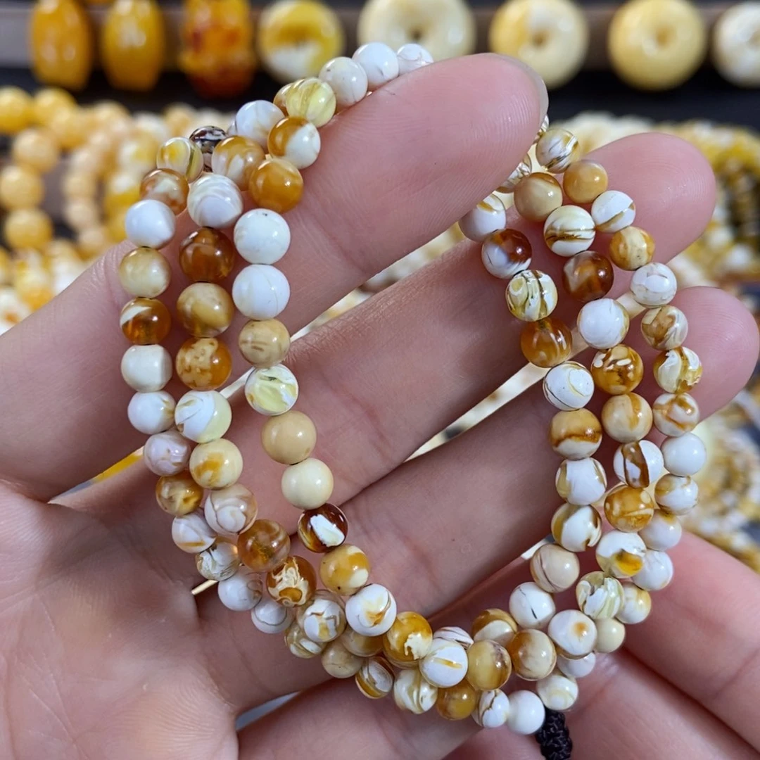琥珀手链未镶嵌5+mm沁色金漆白拉丝