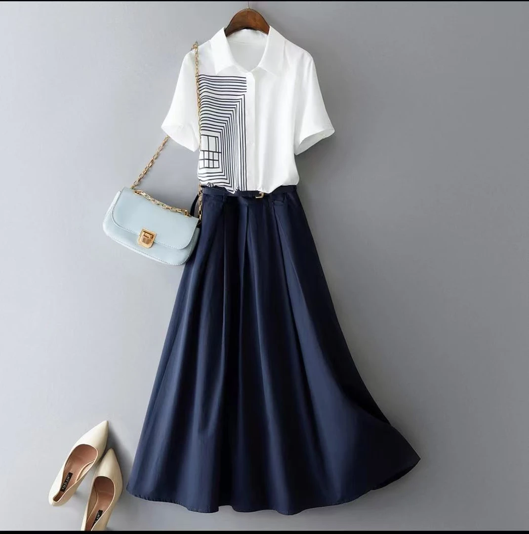 T【她野HerField】2025年夏新款女装印花衬衫百搭半身裙套装05225