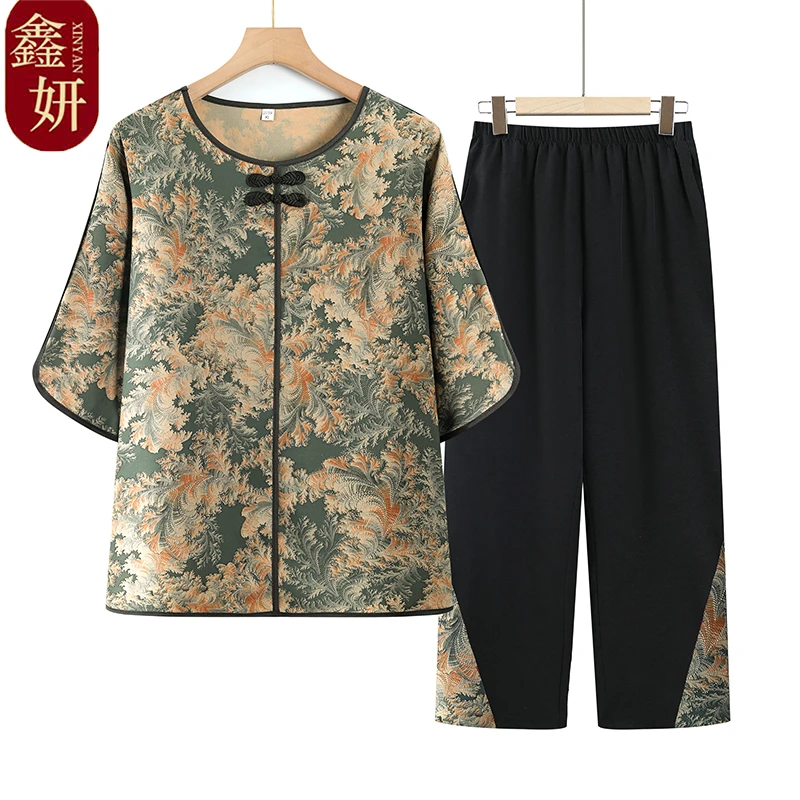 中老年人女装妈妈装宽松洋气圆领套头套装七分袖奶奶装老太太套装