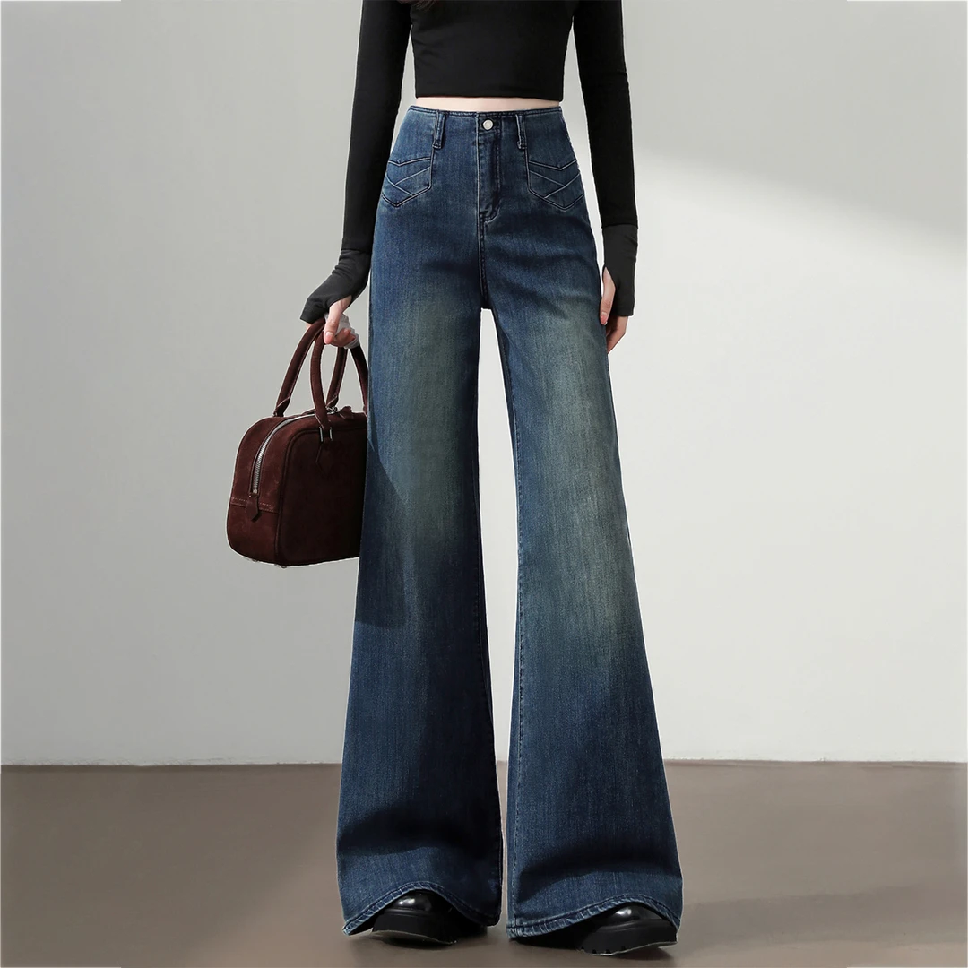 大码复古美式遮肉微喇牛仔裤女秋季款梨形身材高腰弹力显瘦喇叭裤