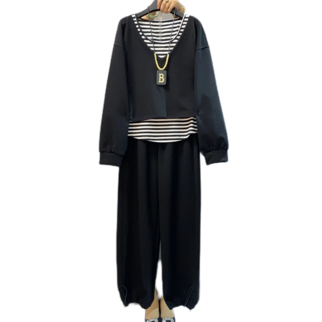 秋季新款女装休闲条纹打底马甲宽松显瘦搭配长裤减龄胖妹妹套装