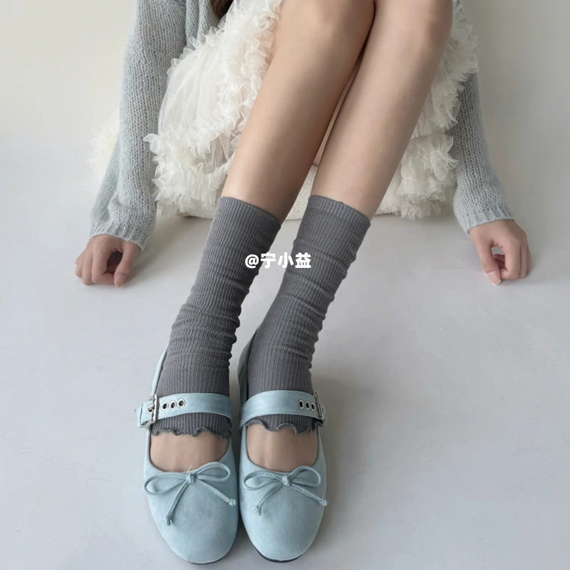 宁小益纯色木耳边袜套女春夏秋薄款显瘦小腿套灰色蝴蝶结堆堆袜子
