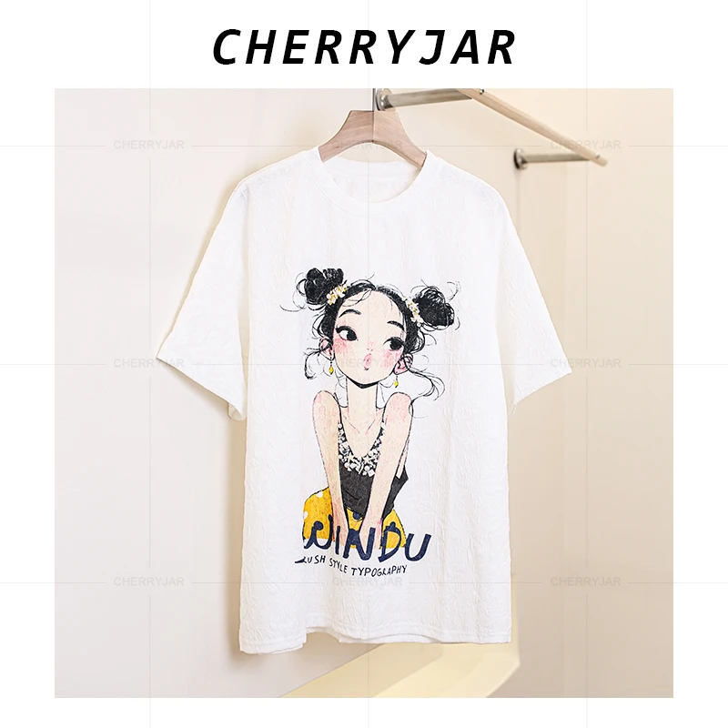 Cherryjar【251362】2025新款蕾丝卡通图案百搭休闲圆领短袖