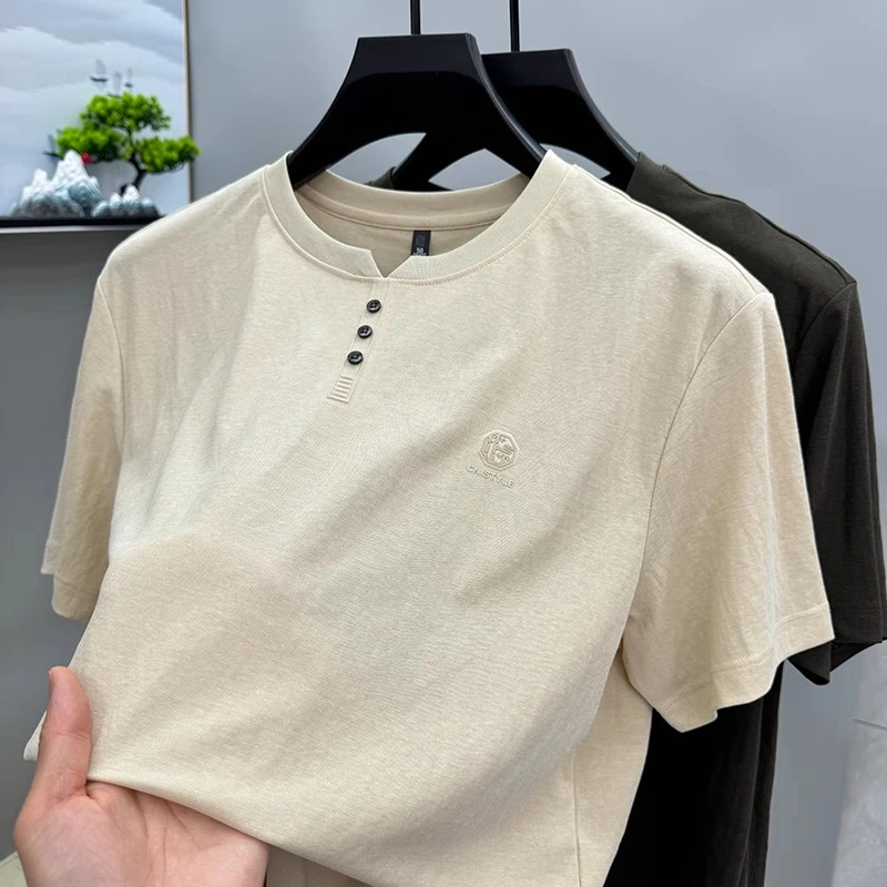 ZaSaFran天丝亚麻短袖t恤男圆领夏装上衣服纯色简约中年爸爸半袖