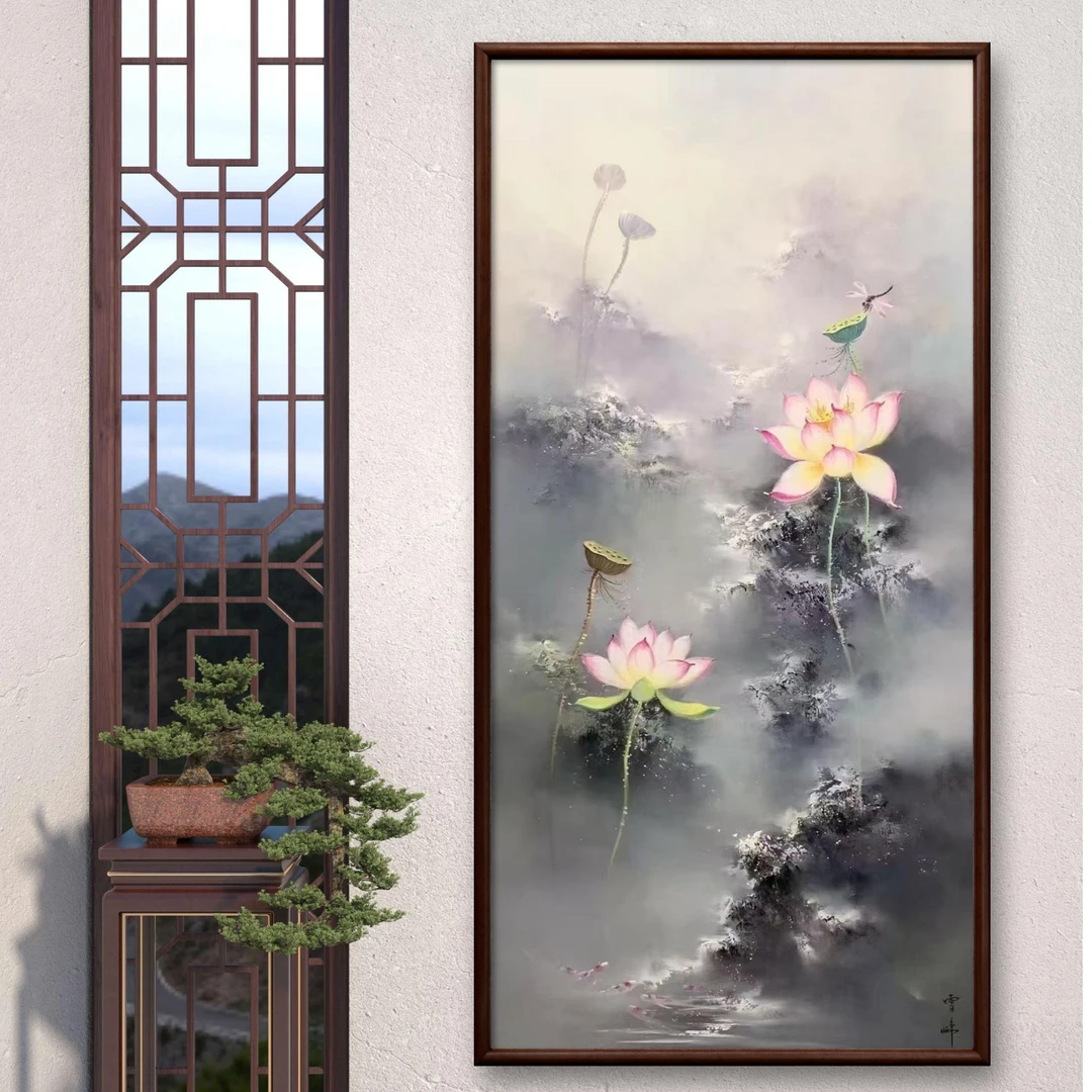 《清荷》雪峰原创艺术新中式朦胧荷花纯手绘油画入户玄关走廊墙挂画