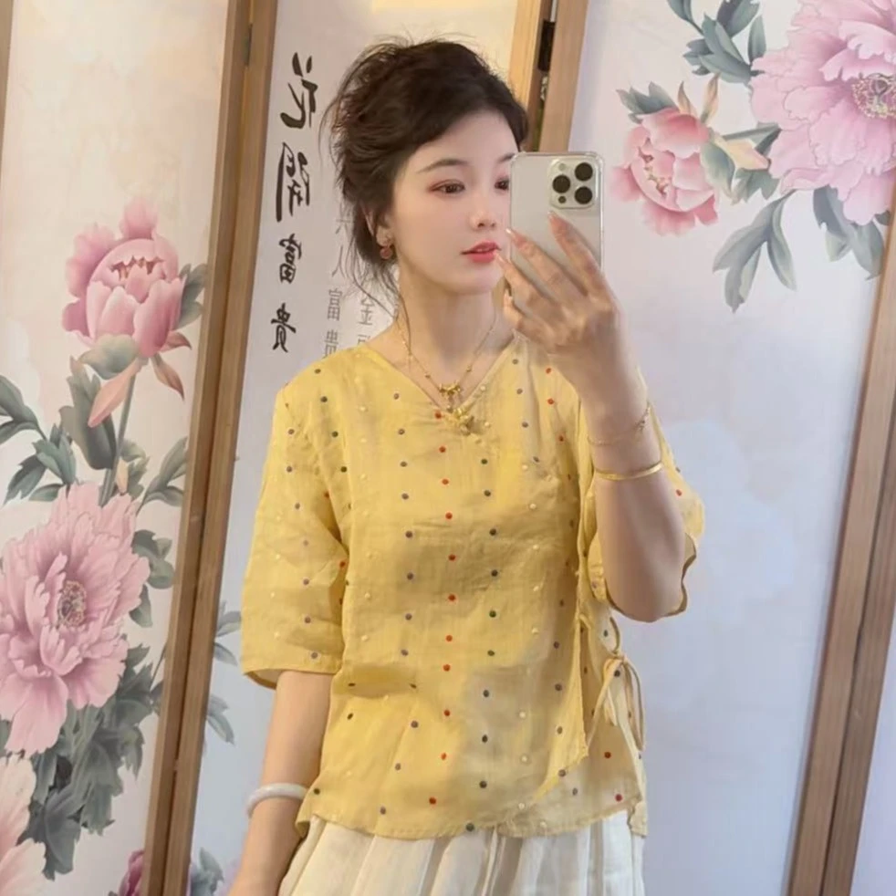 82597 国风中式系带收腰波点苎麻上衣2025夏季新款百搭女士衬衫