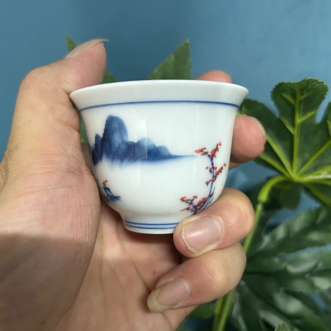 景德镇青花釉下彩山水主人杯手工
