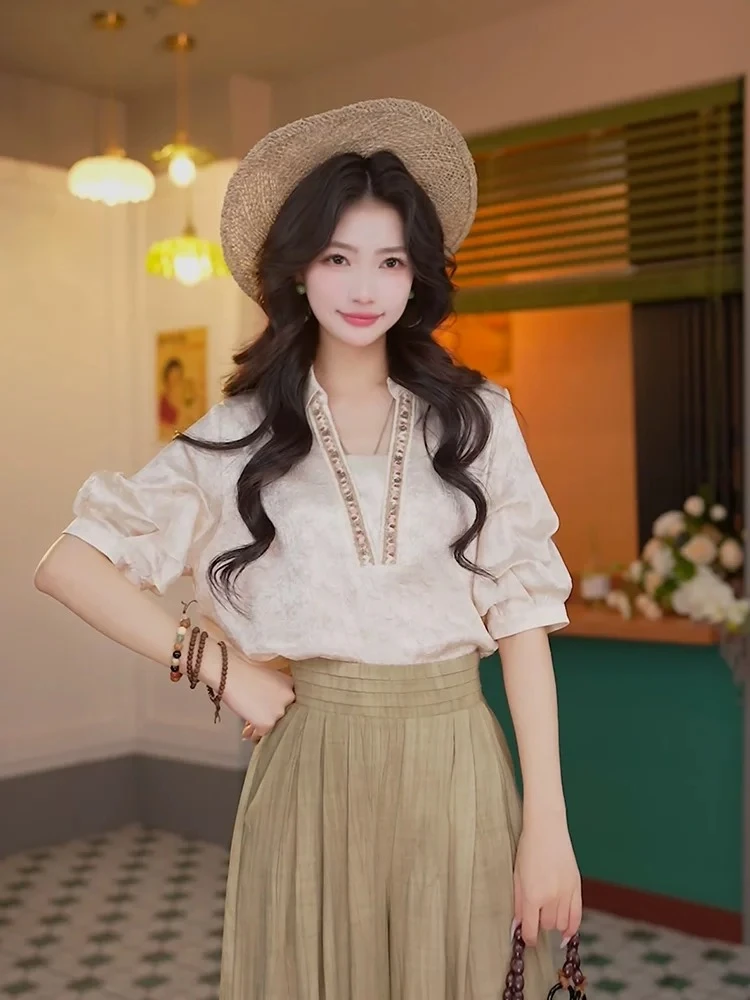 【杏仁】压褶设计款小众百搭气质晕染短袖衬衫女宽松休闲上衣