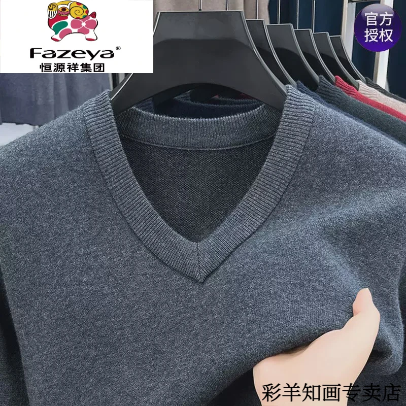 恒源祥集团彩羊冬季V领男士100羊毛衫鸡心领纯色打底衫加厚羊毛针