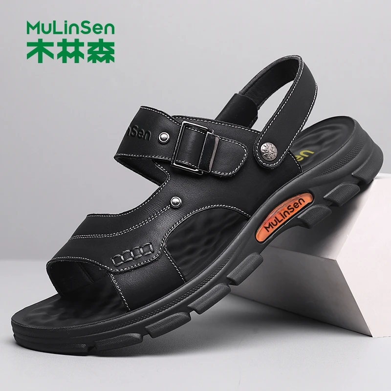 木林森凉鞋男夏季新款牛皮休闲凉拖鞋开车软底外穿男式男士沙滩鞋