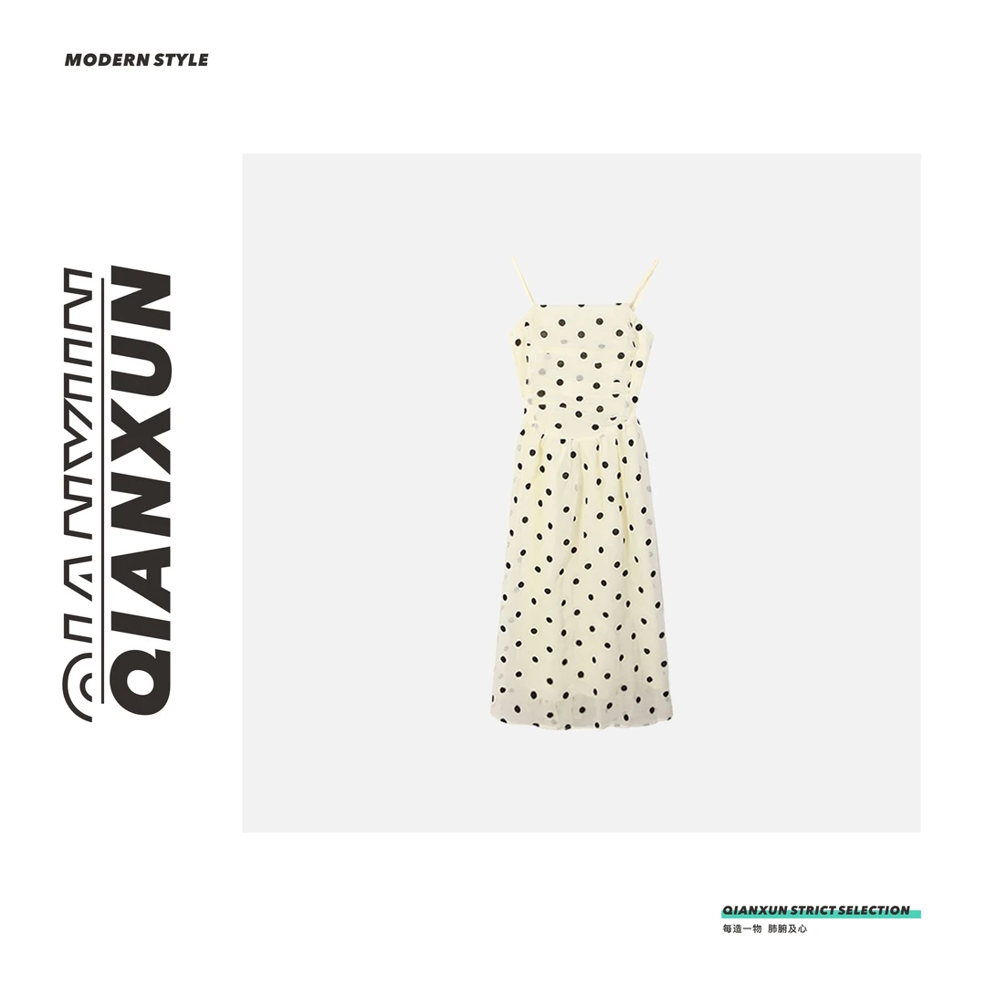 ju美美 ●「波点连衣裙」波点无袖吊带连衣裙法式温柔C4LYQ6008A