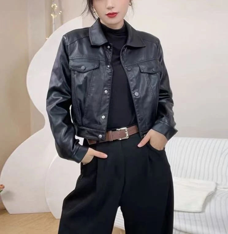 7776#翻领皮衣外套女时尚显瘦百搭气质韩版小个子网红秋季