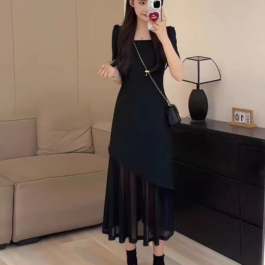 拼接连衣裙方领短袖简约休闲遮肉显瘦中长款大码T恤裙女夏轻奢高