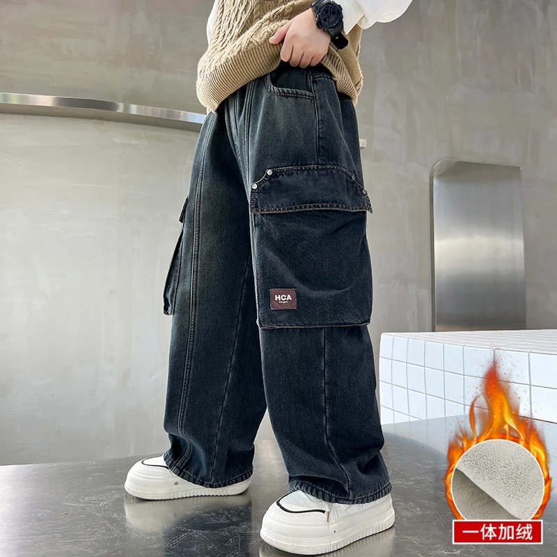 儿童装男童加绒裤子冬装2025新款冬季牛仔秋冬款加厚男孩中大童潮
