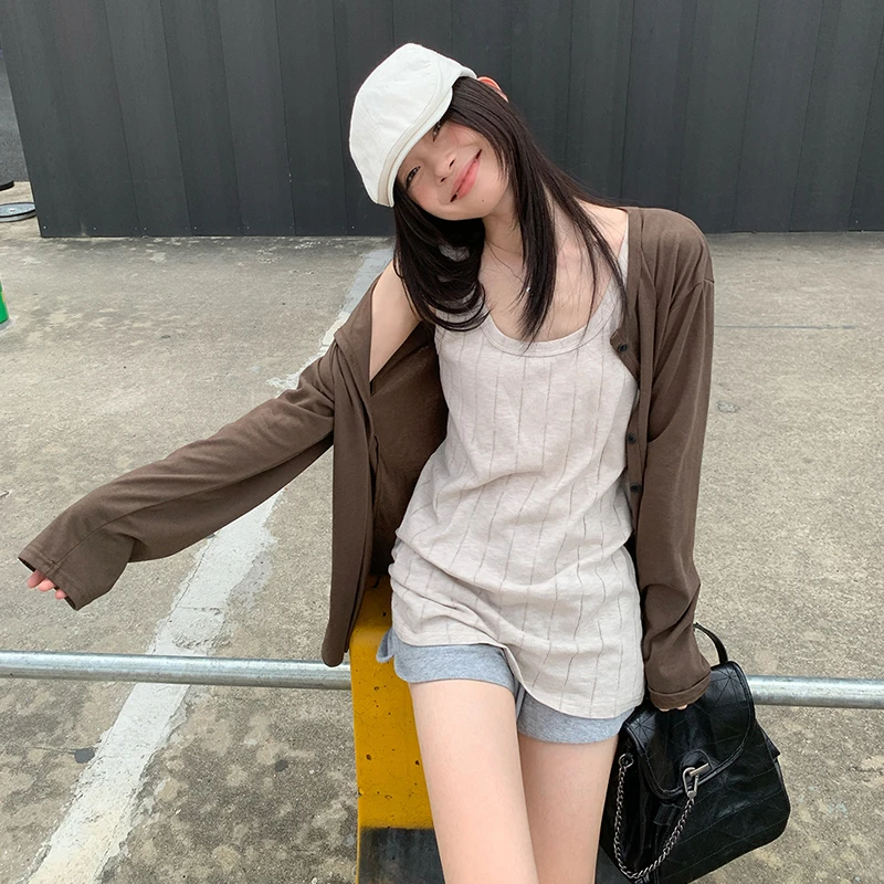 慵懒风辣妹薄款宽松长袖防晒开衫吊带背心女2025夏季新款时尚套装