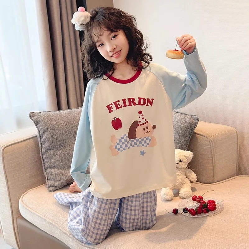 女童睡衣春秋款纯棉女大童长袖套装圆领防凸点儿童春装家居服女孩