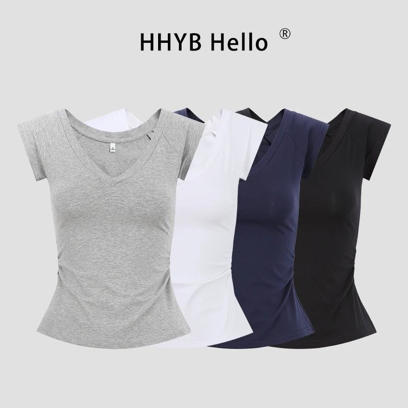 HHYB Hello辣妹收腰抽褶显瘦纯欲T恤2025新款正肩修身上衣250131