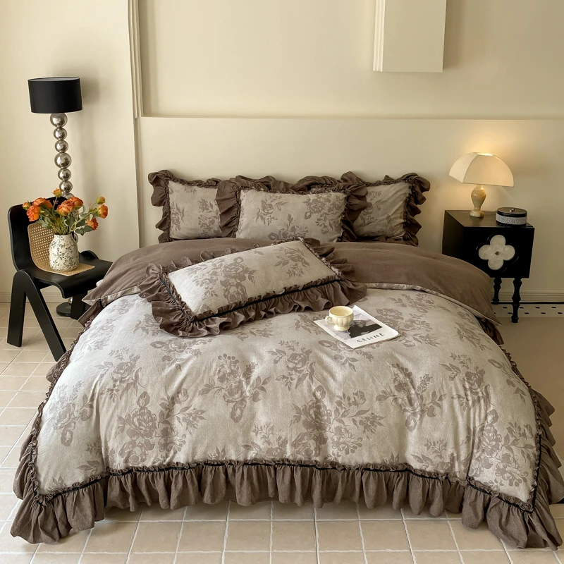 法式复古水洗原麻四件套加厚花边四季款不起球可机洗被套床品套件