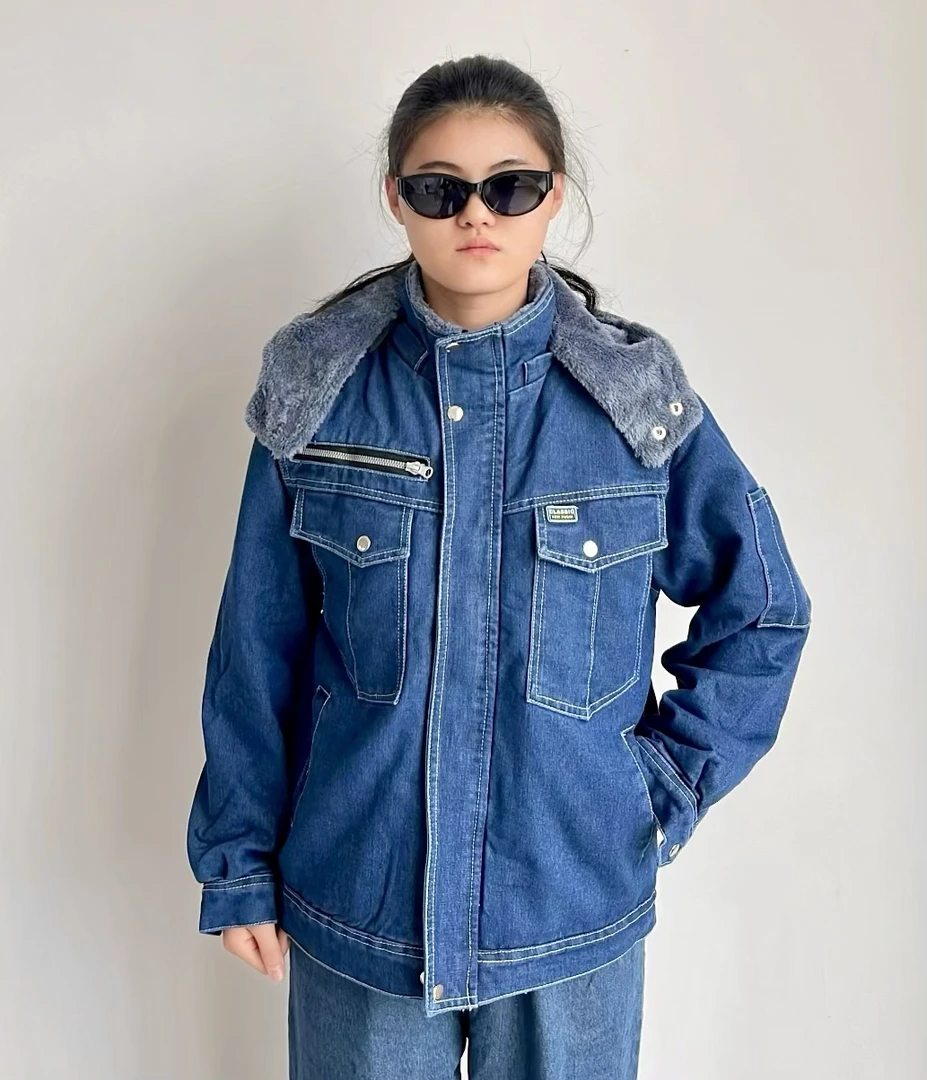 牛仔夹克09款棉服带帽子立领加厚防烫保暖防风一体加绒棉袄工作服