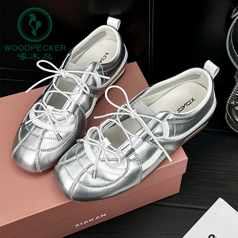 啄木鸟内增高5cm银色芭蕾德训鞋2025夏季新款玛丽珍凉鞋懒人单鞋