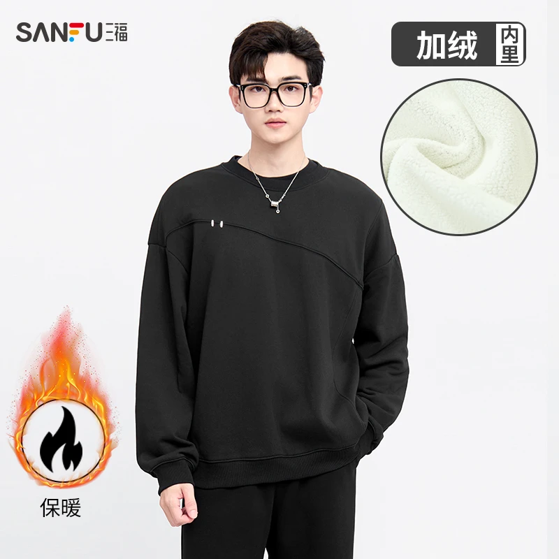 SANFU/三福2024冬季新款加绒卫衣立体感慵懒休闲风圆领长袖496530