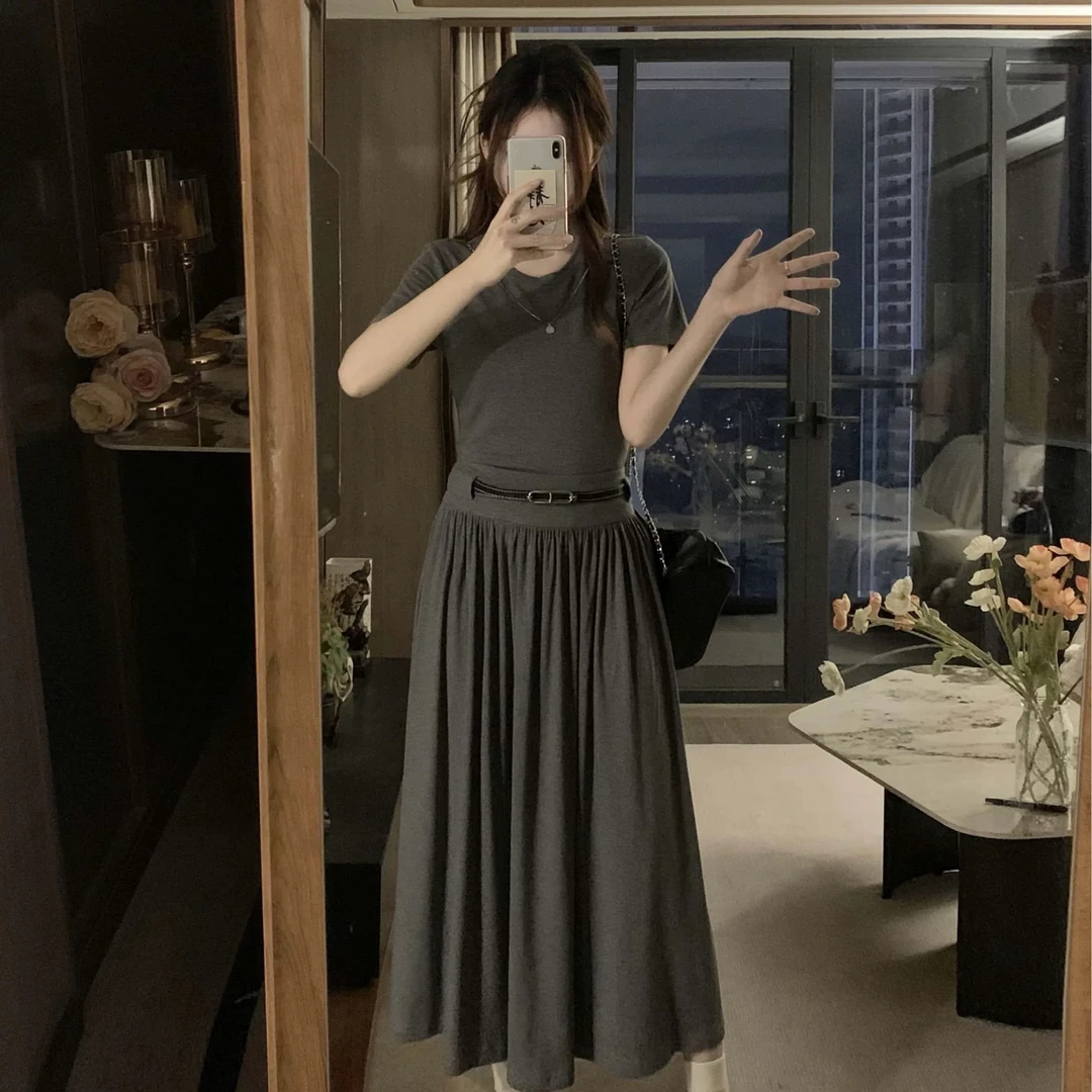 66057#高级感气质高腰针织半身裙两件套装夏复古短款修身两件套